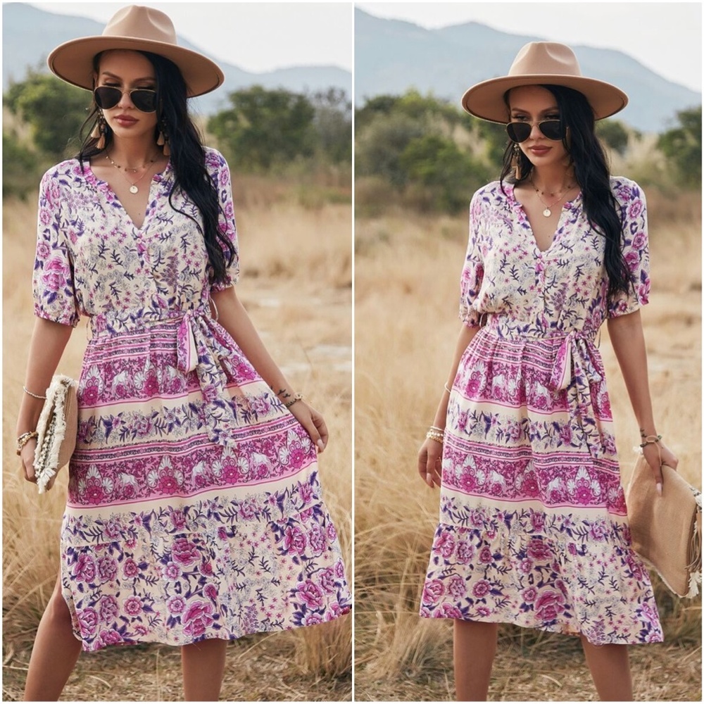 boho floral print v neck belted side slit dress - Picture 6 of 6